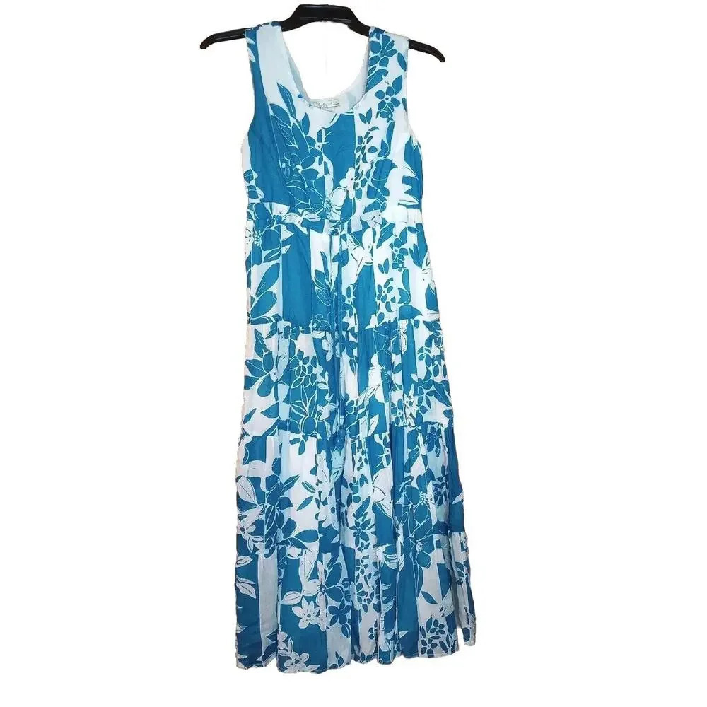 Vasna Tropical Tiered Maxi Dress Blue‎ Floral 100% Cotton Sundress SZ S Lined